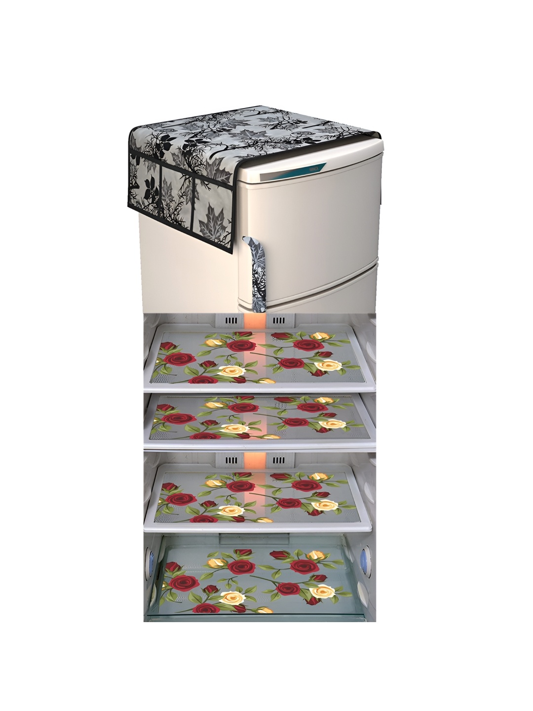 

LooMantha Black & Red 5 Pieces Floral Printed Fridge Appliance Covers Set