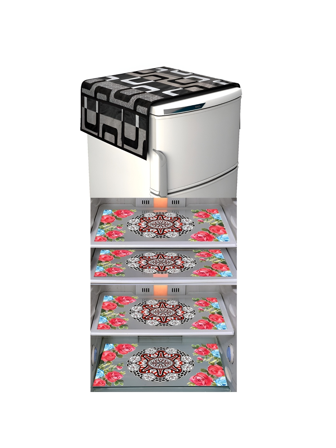 

LooMantha Black & White 5 Pieces Floral Printed Fridge Appliance Covers Set