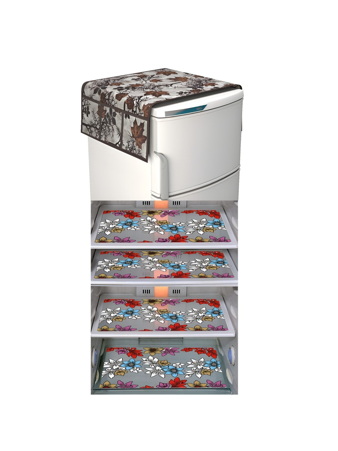 

LooMantha Brown & Red 5 Pieces Floral Printed Fridge Appliance Covers Set