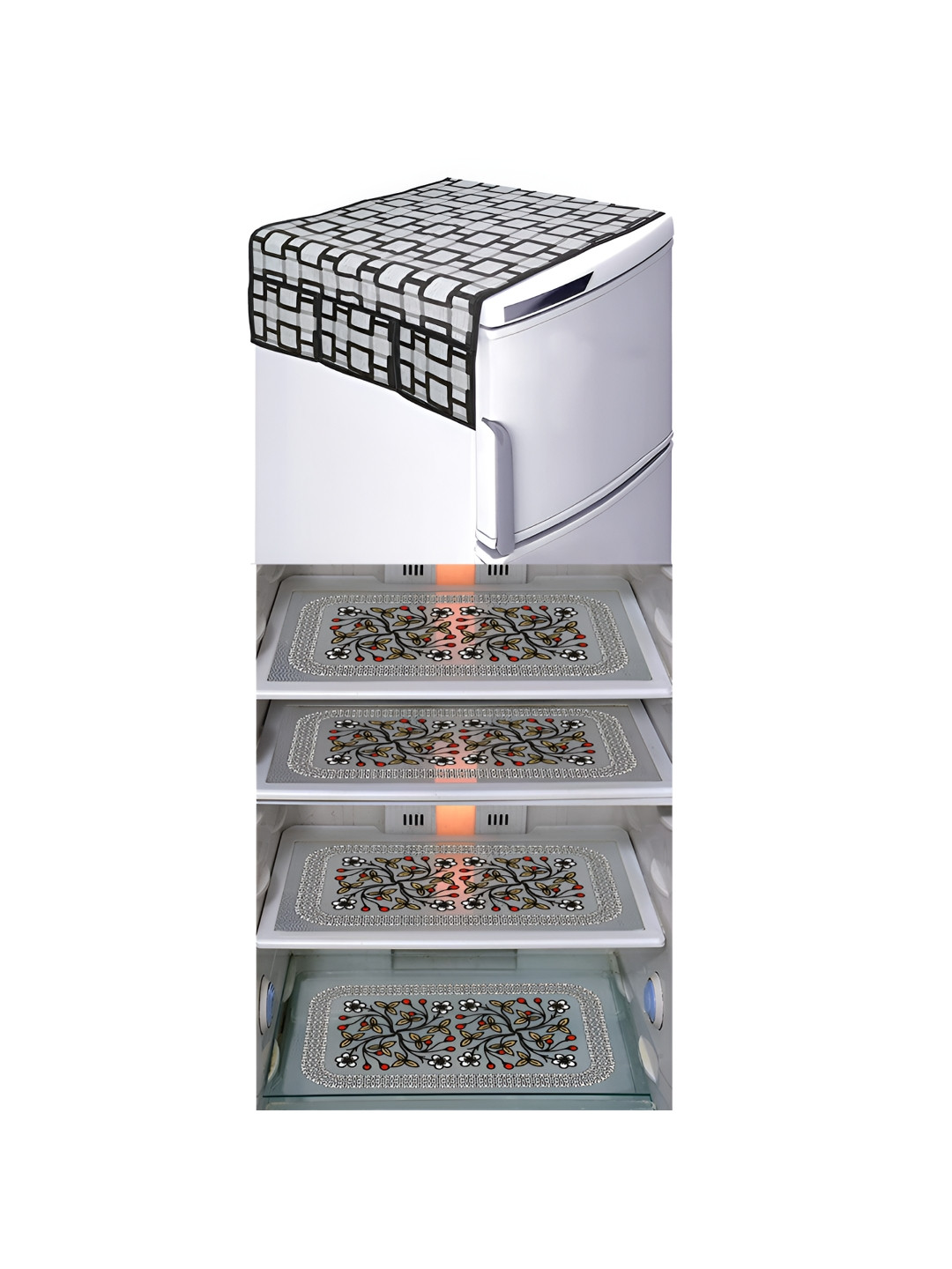 

LooMantha Grey & Black 5 Pieces Printed Fridge Appliance Covers Set, White