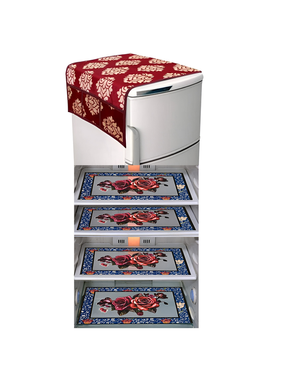 

LooMantha Maroon & Blue 5 Pieces Floral Printed Fridge Appliance Covers Set