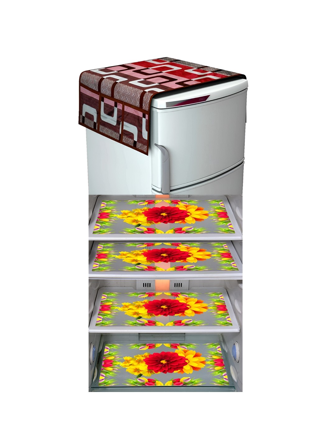 

LooMantha Yellow & Red 5 Pieces Floral Printed Fridge Appliance Covers Set, Brown