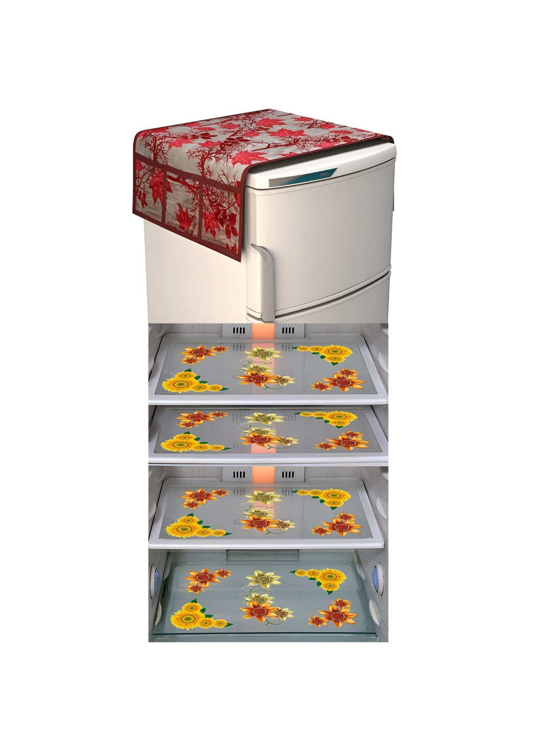 LooMantha Grey & Red 5 Pieces Printed Fridge Appliance Covers Set