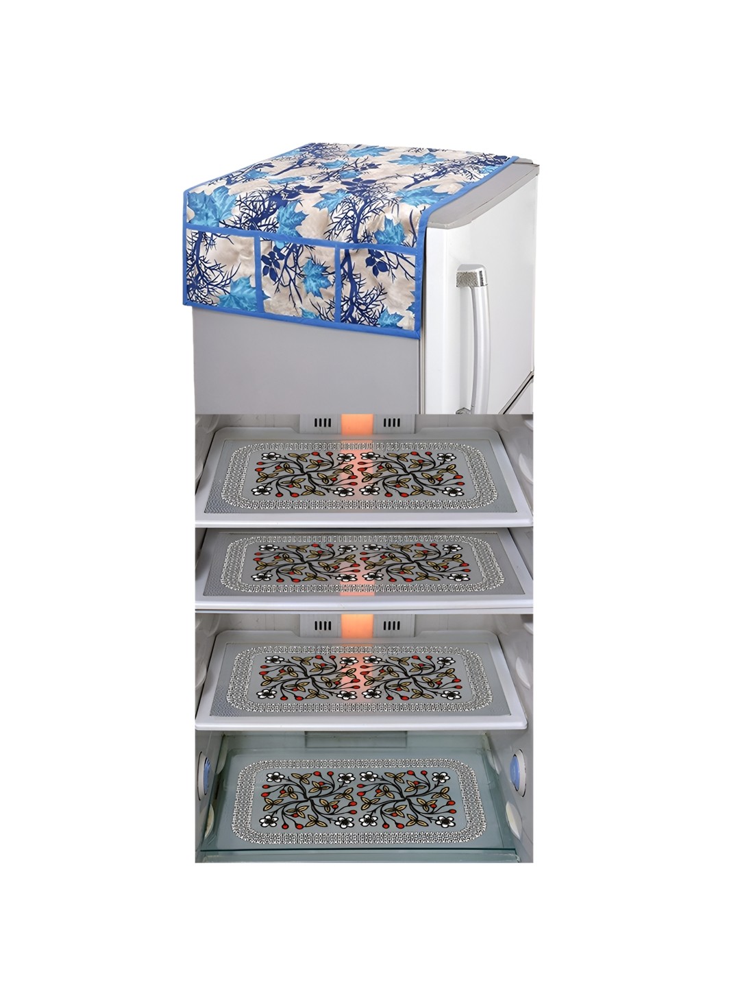 

LooMantha Blue & Black 5 Pieces Printed Fridge Cover With Side Storage & Fridge Mat