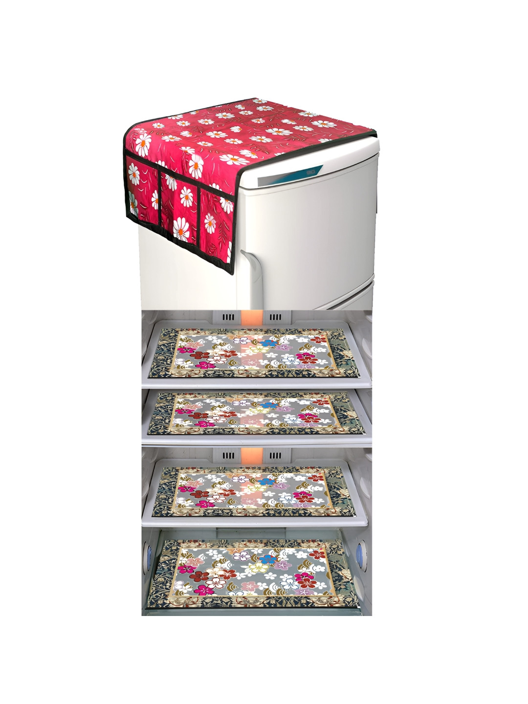 

LooMantha Maroon & White 5 Pcs Floral Printed Fridge Mat and Fridge Top Cover