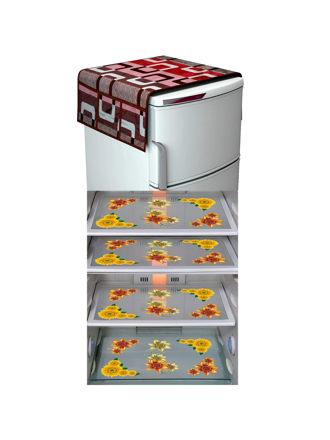 

LooMantha Yellow & Orange 5 Pieces Floral Printed Fridge Mat and Fridge Top Cover, Maroon