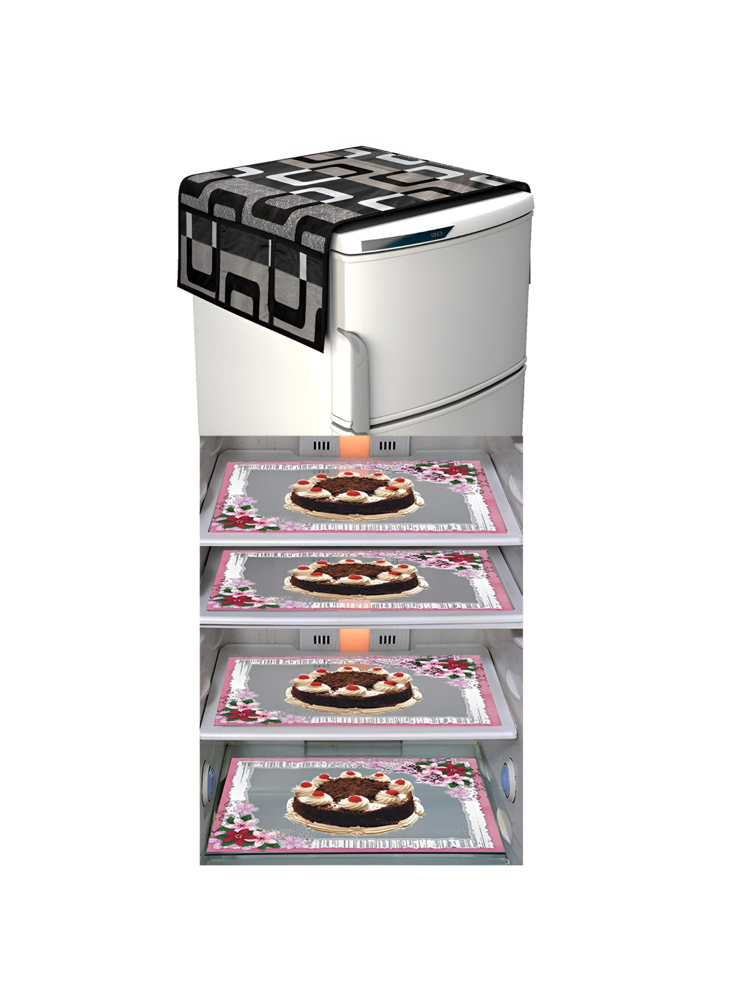 

LooMantha Pink & Brown 5 Pieces Floral Printed Fridge Mat and Fridge Top Cover