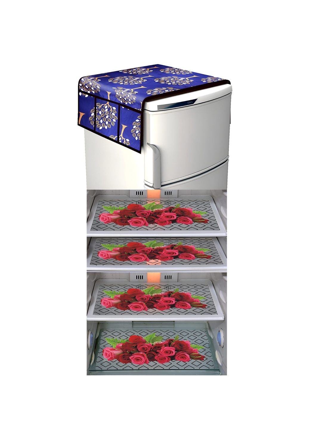 

LooMantha Blue & Red 5 Pieces Printed Fridge Cover With Side Storage & Fridge Mat