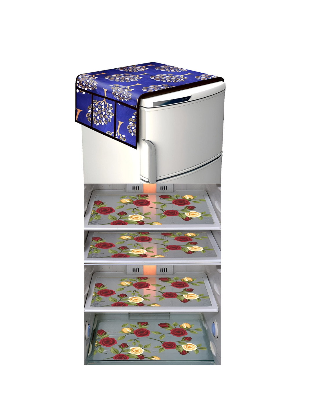 

LooMantha Blue & Red 5 Pieces Floral Printed Fridge Mat and Fridge Top Cover