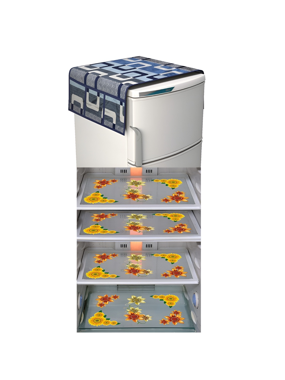 

LooMantha Yellow & Grey 5 Pieces Floral Printed Fridge Mat and Fridge Top Cover