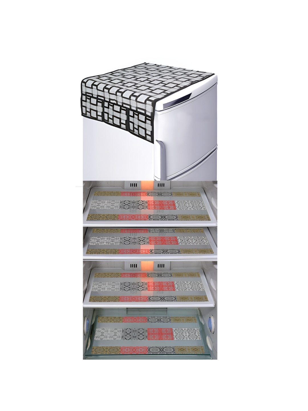 

LooMantha White & Black 5 Pieces Printed Fridge Cover With Side Storage & Fridge Mat