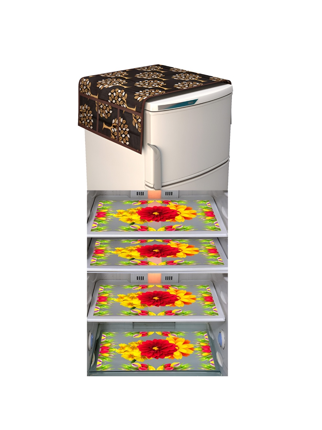 

LooMantha Yellow & Red 5 Pcs Floral Printed Fridge Mat and Fridge Top Cover, Brown