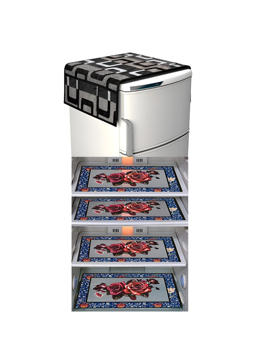 

LooMantha Black & Blue 5 Pieces Printed Fridge Cover With Side Storage & Fridge Mat