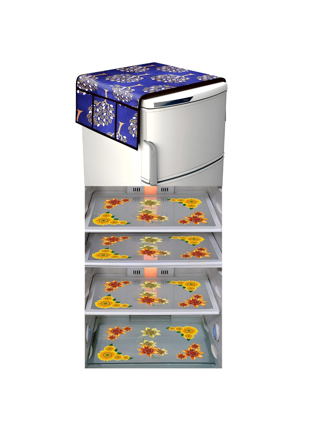 

LooMantha Blue & Yellow 5 Pieces Floral Printed Fridge Mat and Fridge Top Cover