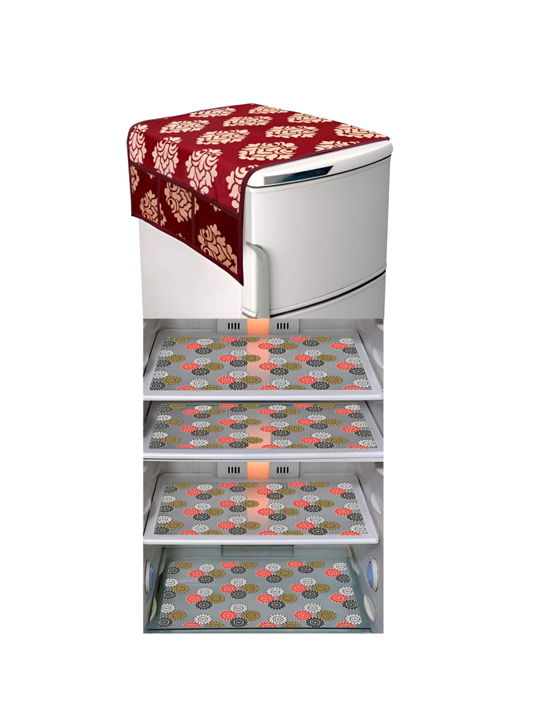 

LooMantha5Pcs Maroon & Black Printed Fridge Cover With Side Storage & Fridge Mat