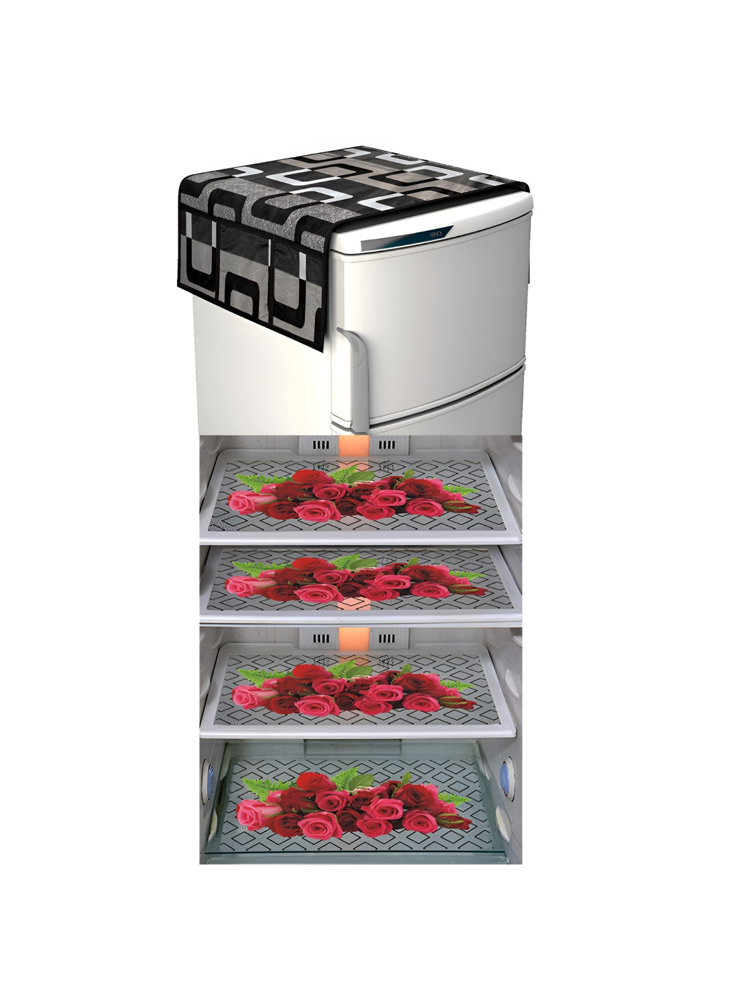 

LooMantha Grey & Red Floral Printed Fridge Mat and Fridge Top Cover