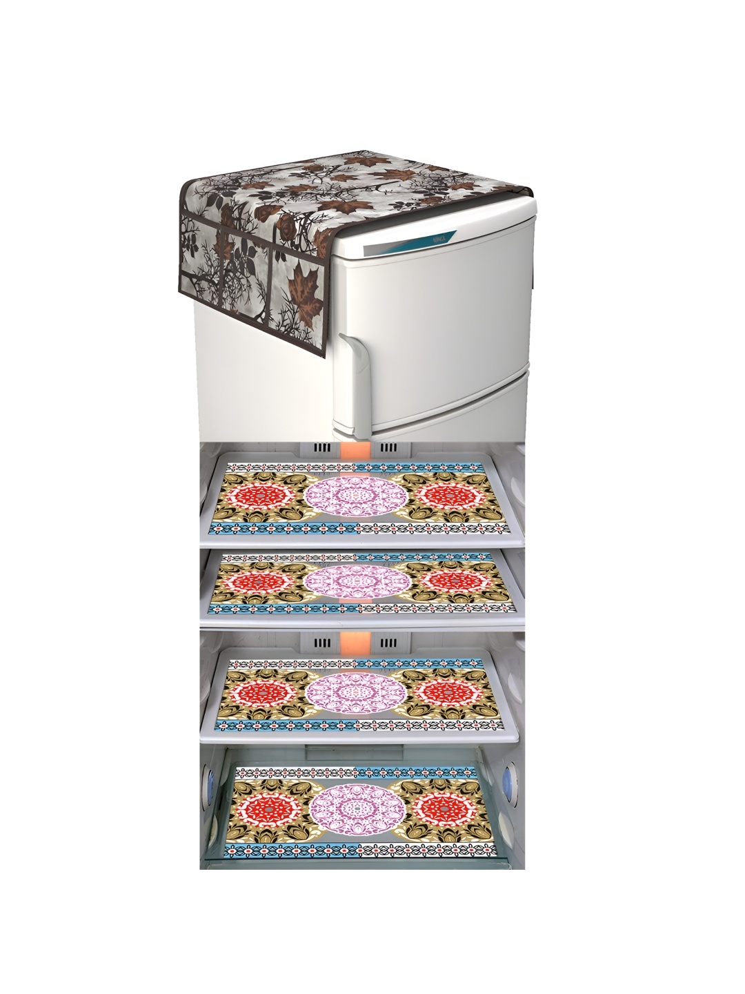 

LooMantha Pink & Black 5 Pieces Floral Printed Fridge Mats & Top Cover