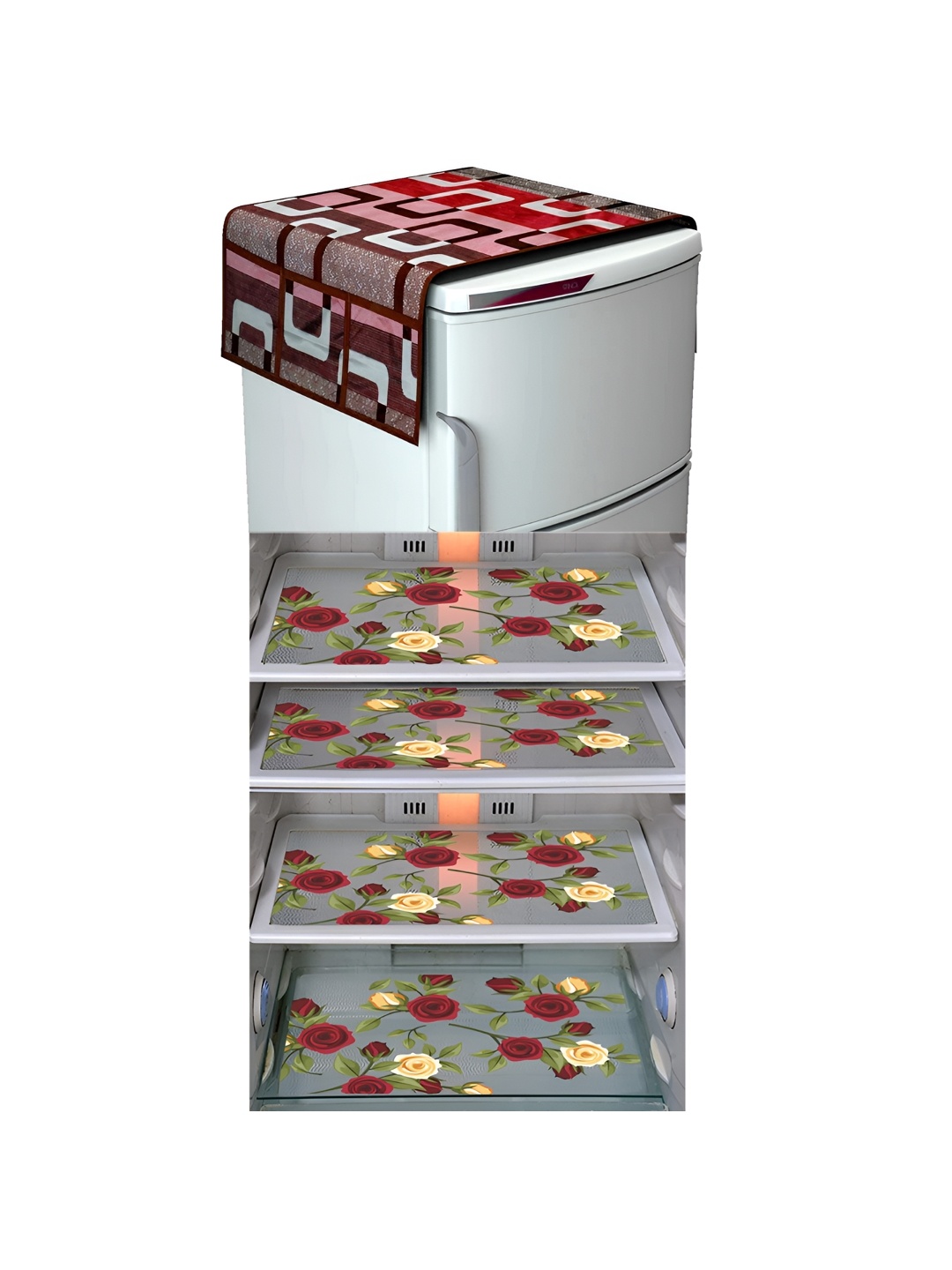 

LooMantha Maroon & White 5 Pieces Floral Printed Fridge Mats & Top Cover