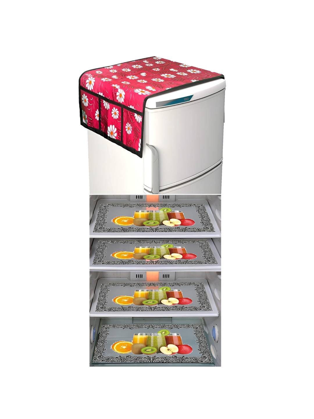 

LooMantha Maroon & White 5 Pieces Floral Printed Fridge Mats & Top Cover