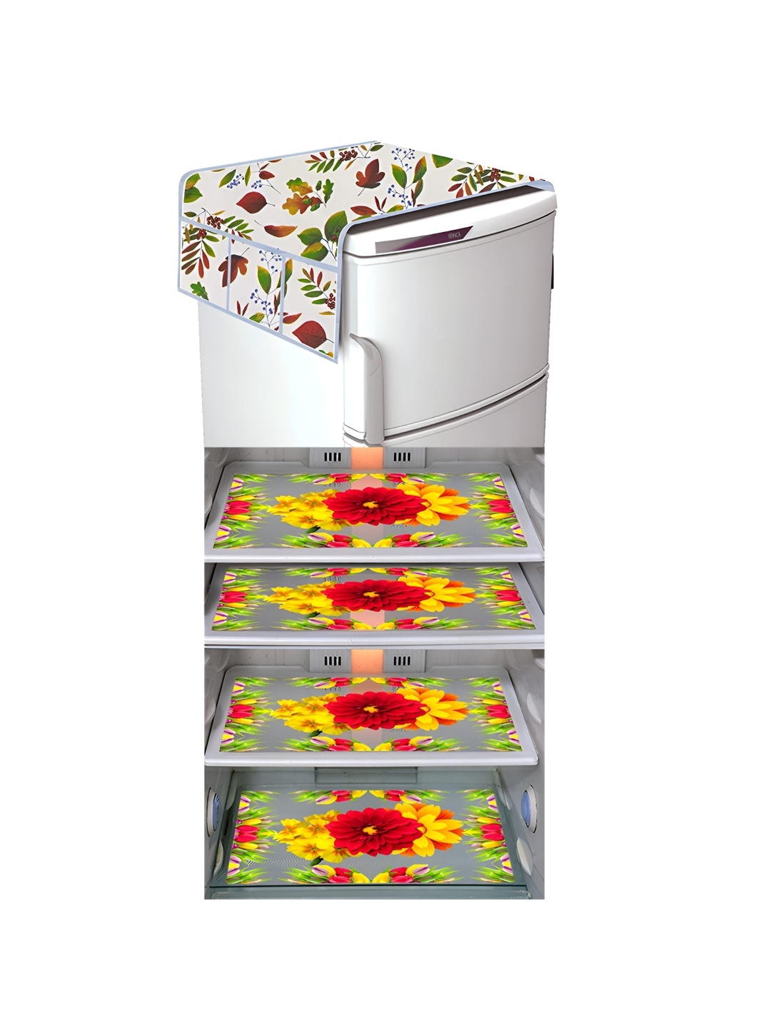 

LooMantha White & Green 5 Pieces Floral Printed Fridge Mats & Top Cover