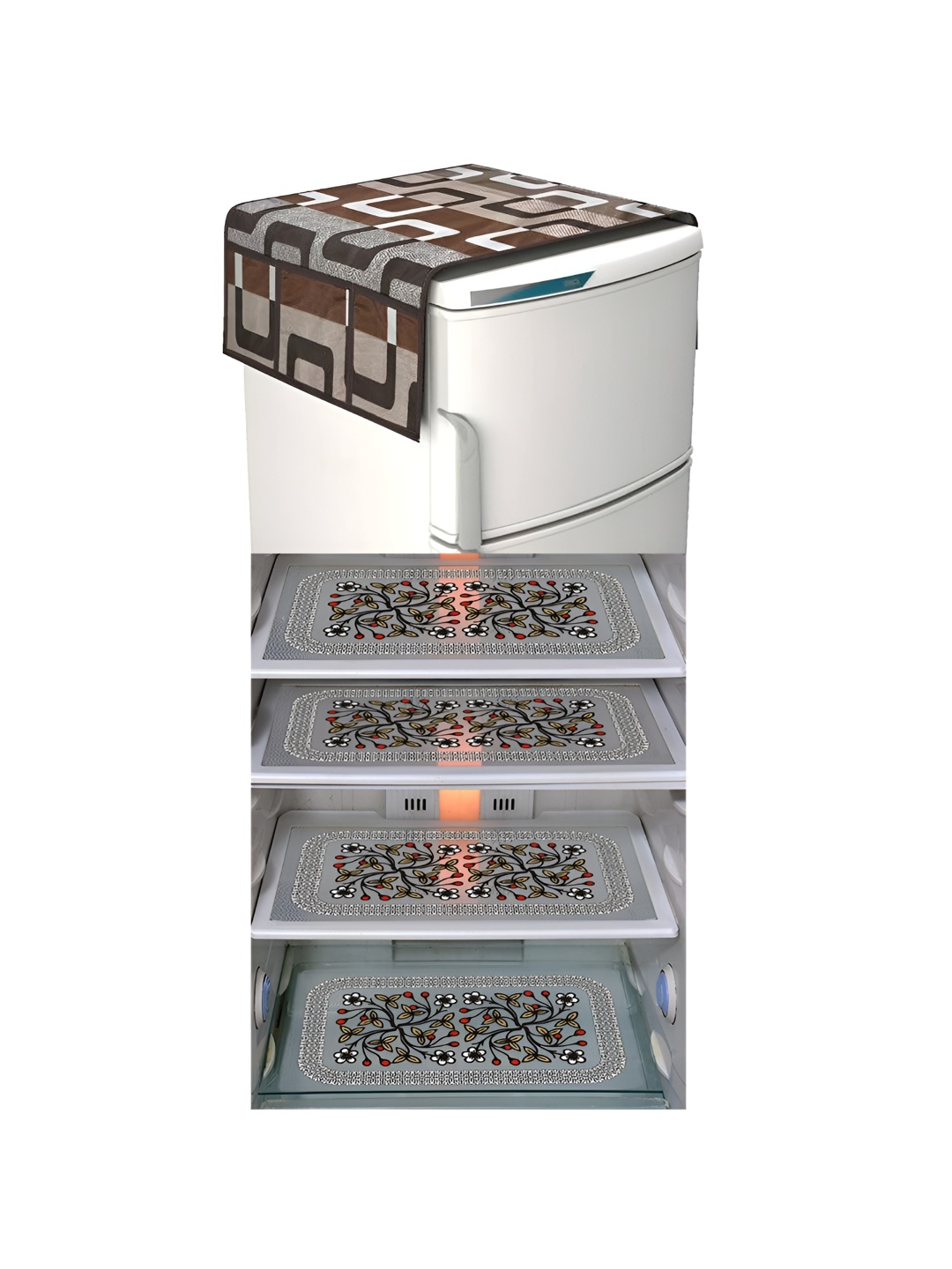 

LooMantha Brown & Black 5 Pieces Floral Printed Fridge Mats & Top Cover