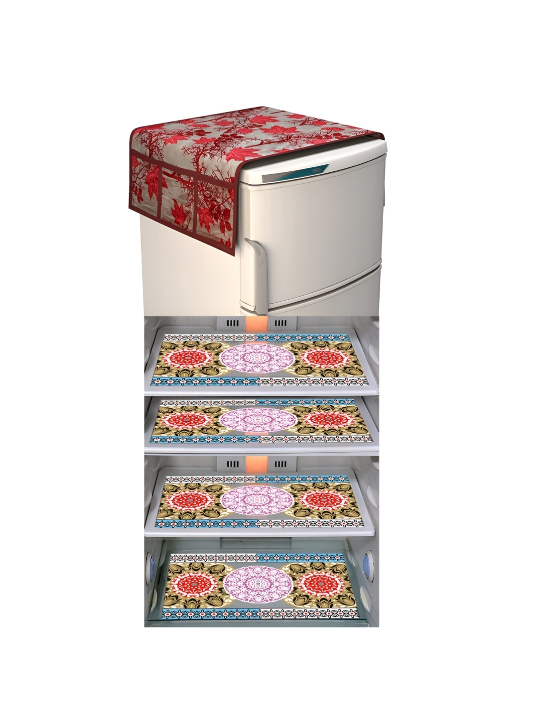 

LooMantha Maroon & Red 5 Pieces Floral Printed Fridge Mats & Top Cover
