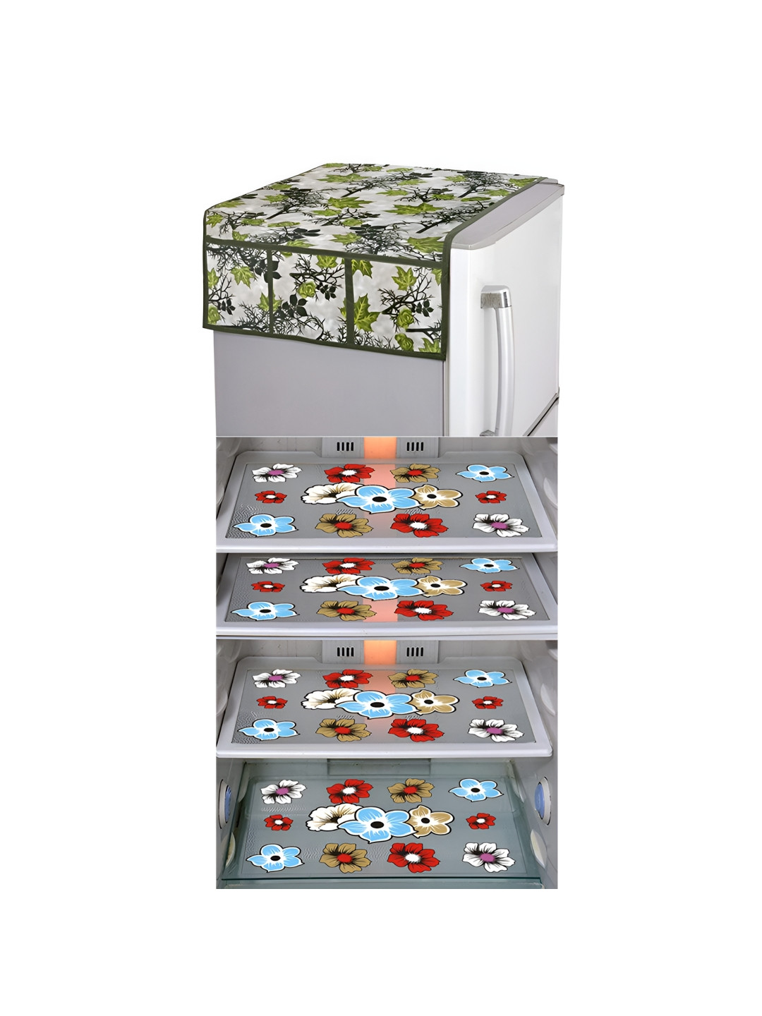

LooMantha Brown & Green 5 Pieces Floral Printed Fridge Mats & Top Cover