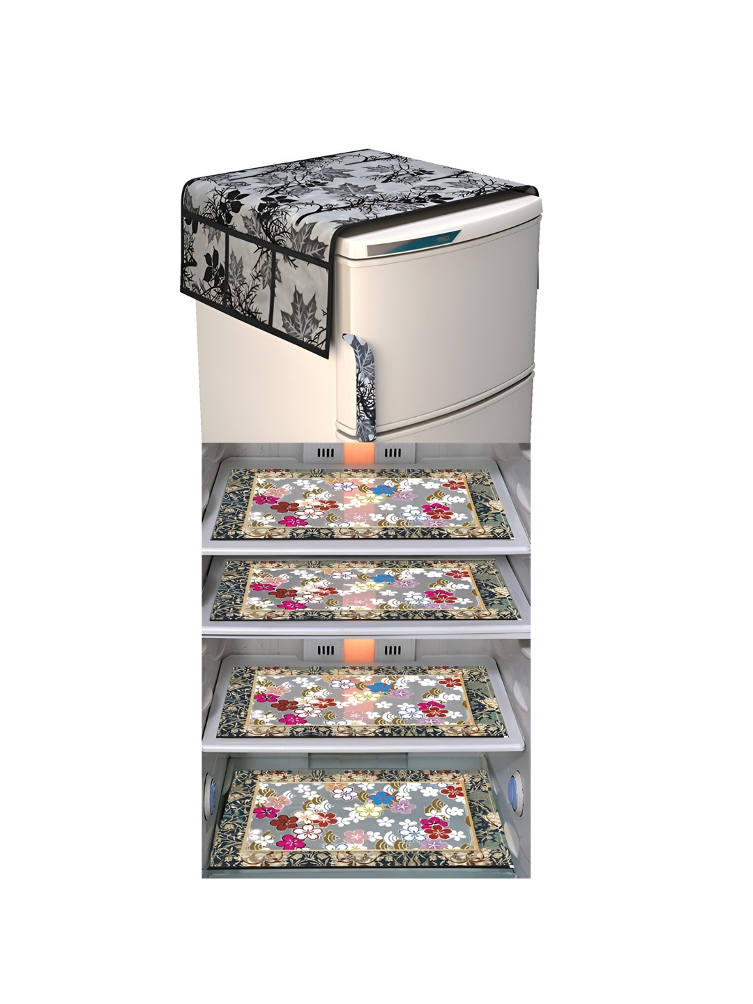 

LooMantha Black & White 5 Pieces Floral Printed Fridge Mats & Top Cover