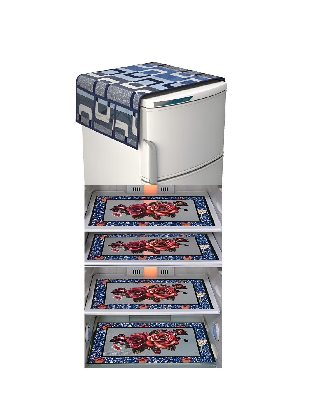 

LooMantha Grey & Maroon 5 Pieces Floral Printed Fridge Mats & Top Cover
