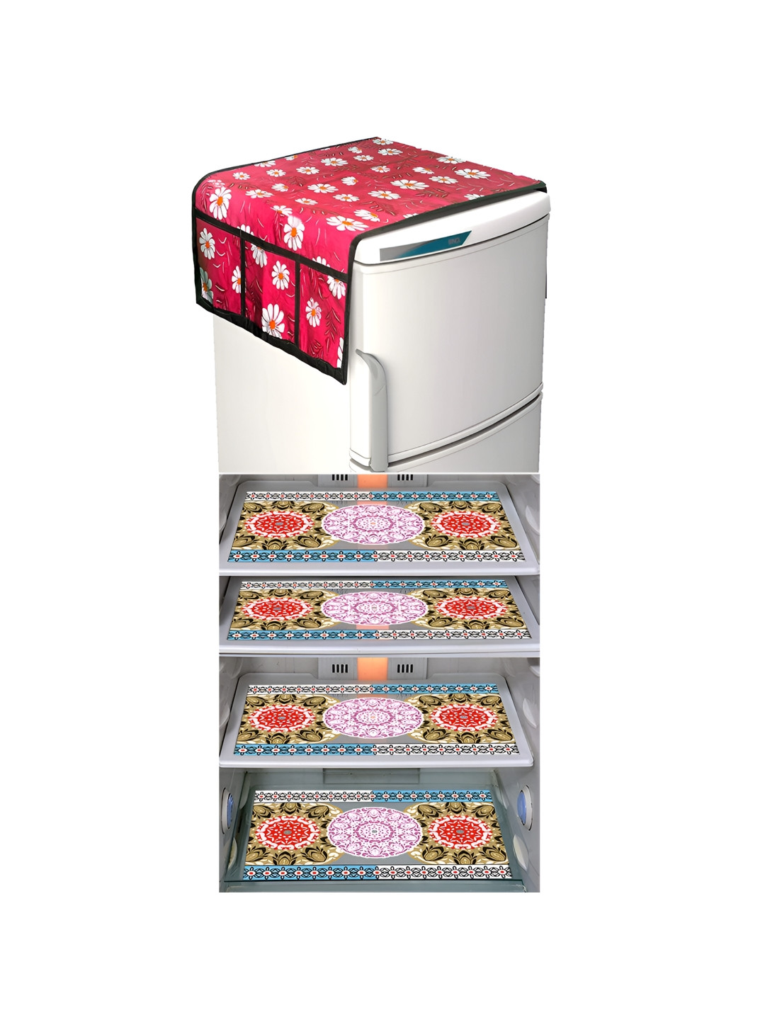 

LooMantha Maroon & White 5 Pieces Floral Printed Fridge Mats & Top Cover