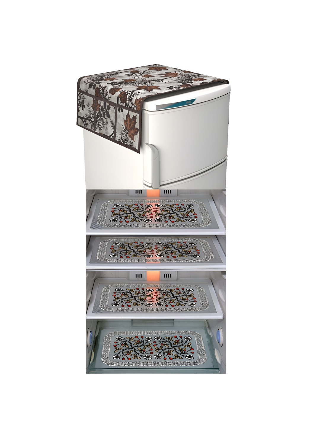 

LooMantha Grey & Brown 5 Pieces Floral Printed Fridge Mats & Top Cover