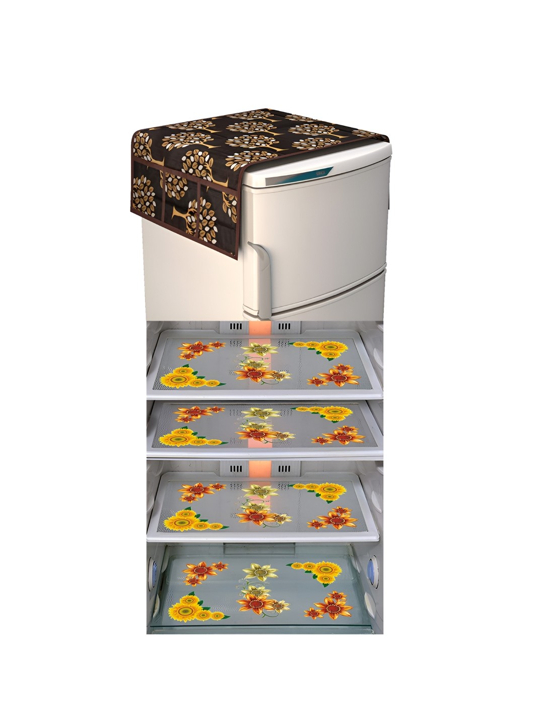 

LooMantha Brown & Red 5 Pieces Floral Printed Fridge Mats & Top Cover