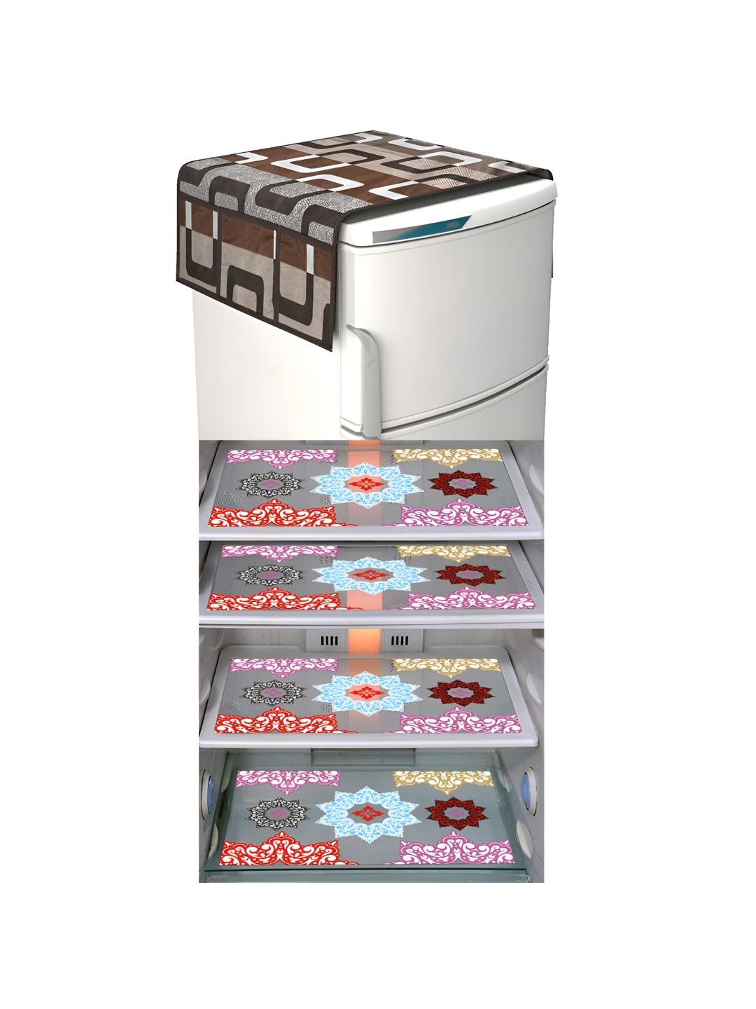 

LooMantha Pink & Brown 5 Pieces Floral Printed Fridge Mats & Top Cover