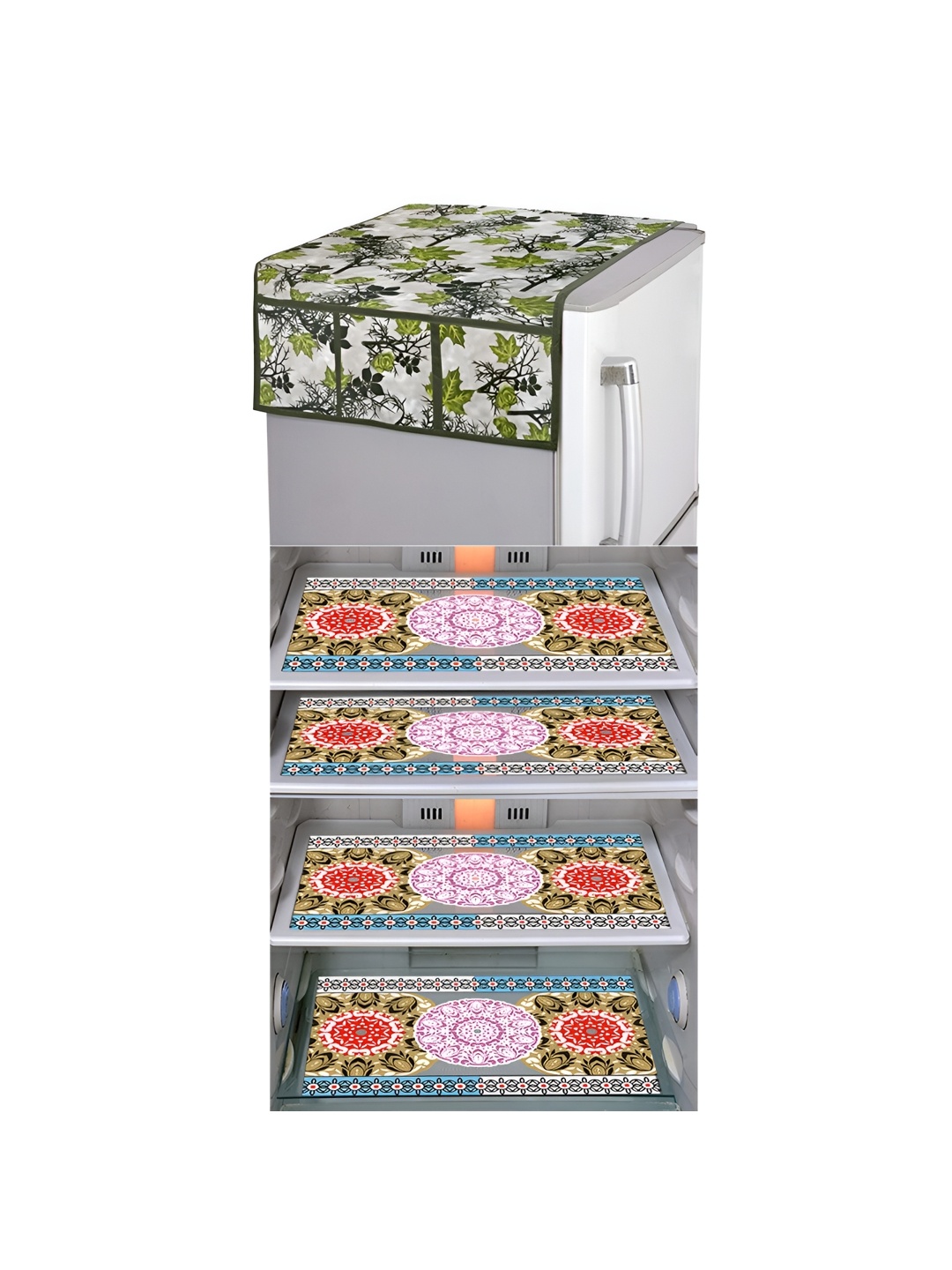 

LooMantha White & Green 5 Pieces Floral Printed Fridge Mats & Top Cover