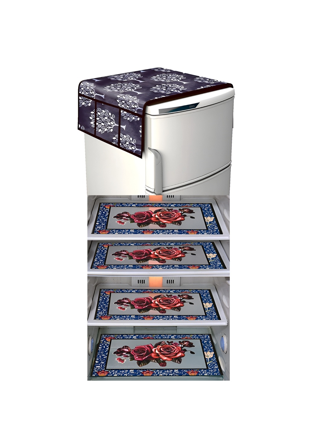 

LooMantha Grey & Marron 5 Pieces Floral Printed Fridge Mats & Top Cover