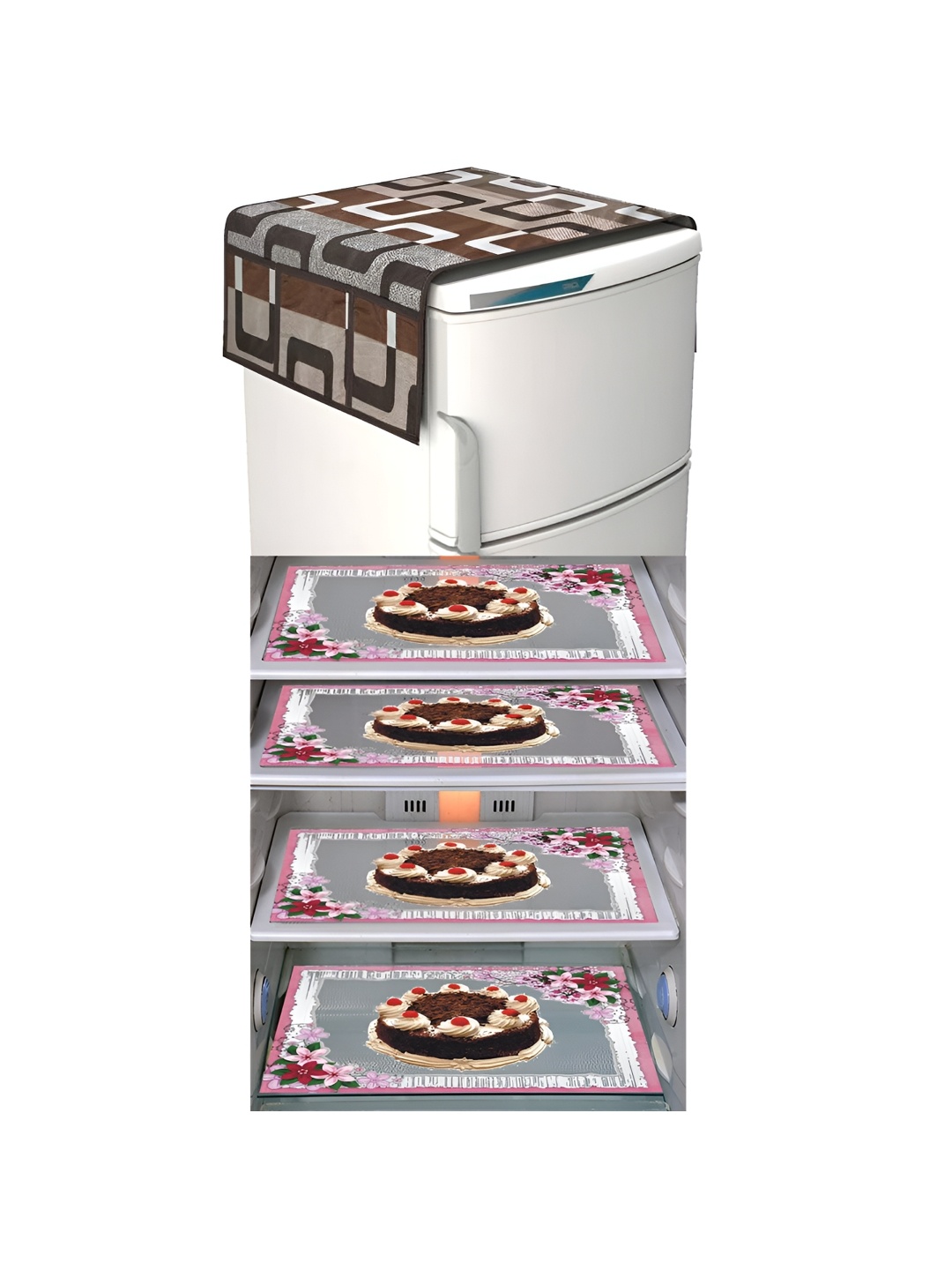 

LooMantha Brown & Pink 5 Pieces Floral Printed Fridge Mats & Top Cover
