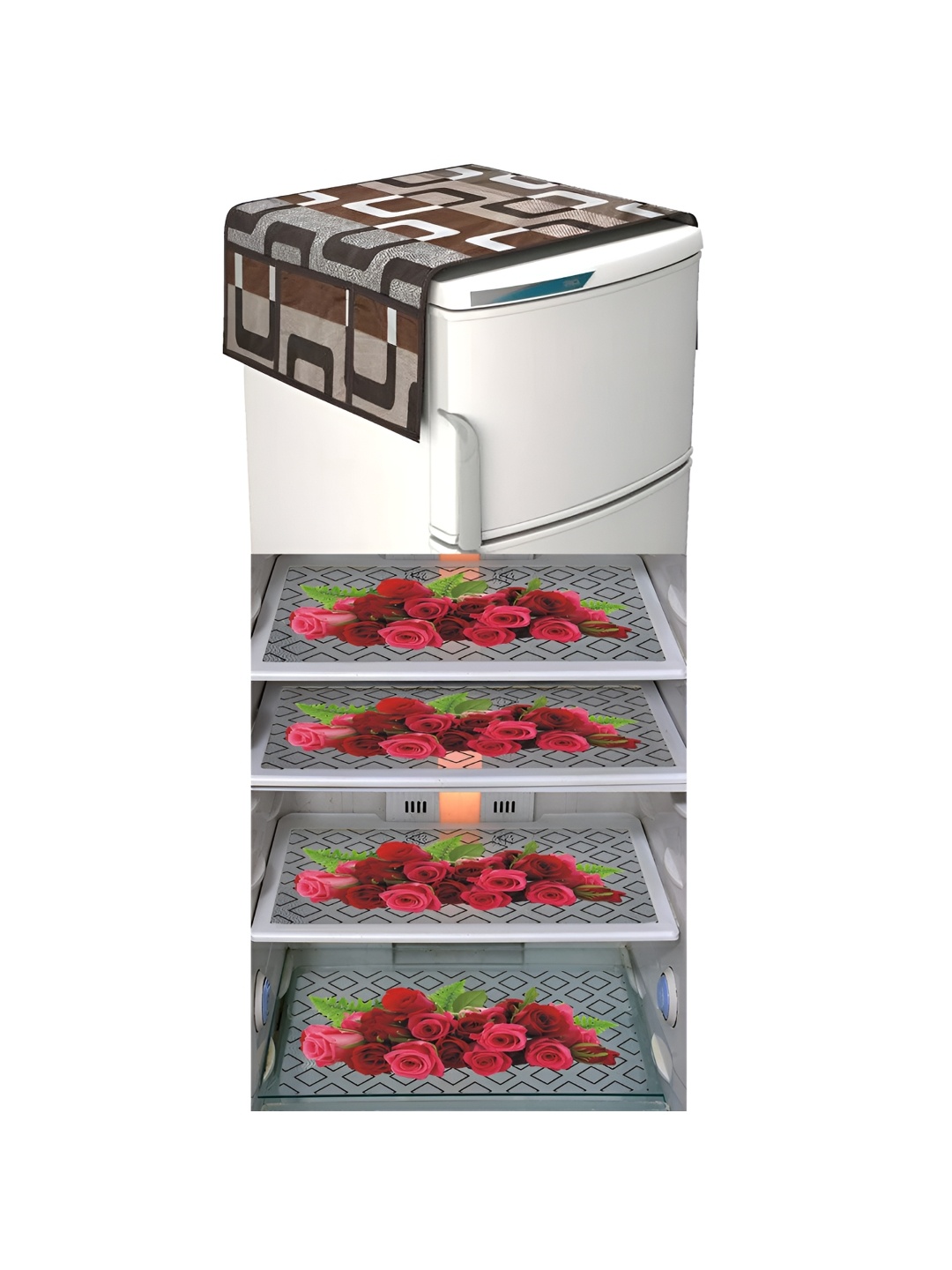 

LooMantha Brown & Beige 5 Pieces Floral Printed Fridge Mats & Top Cover