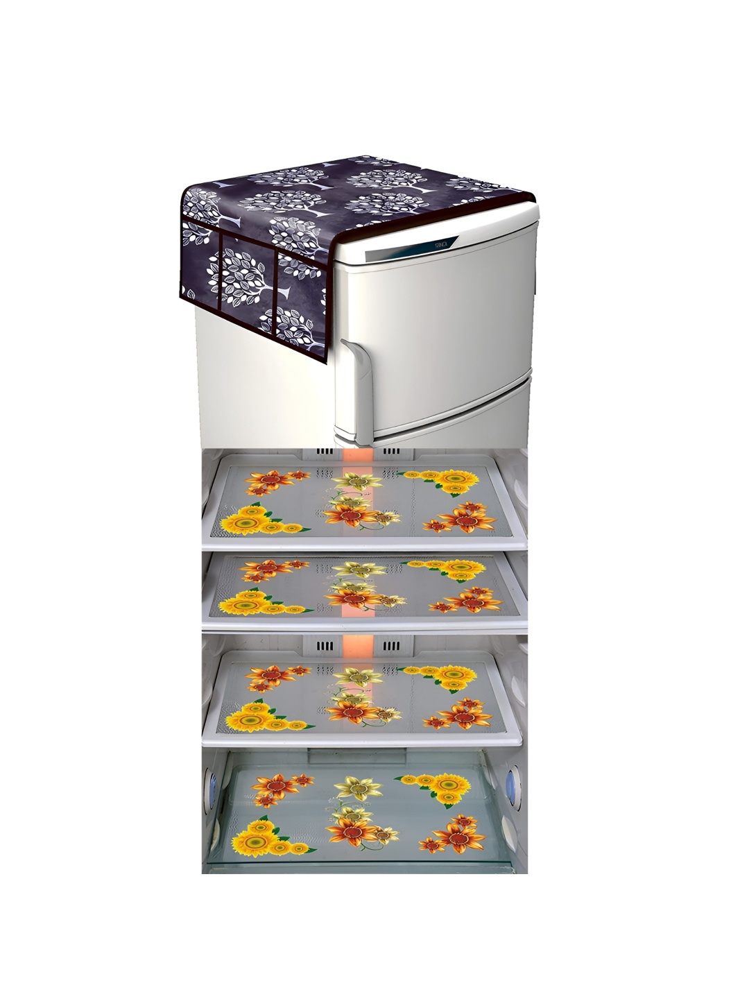 

LooMantha Blue & Grey 5 Pieces Floral Printed Fridge Mats & Top Cover