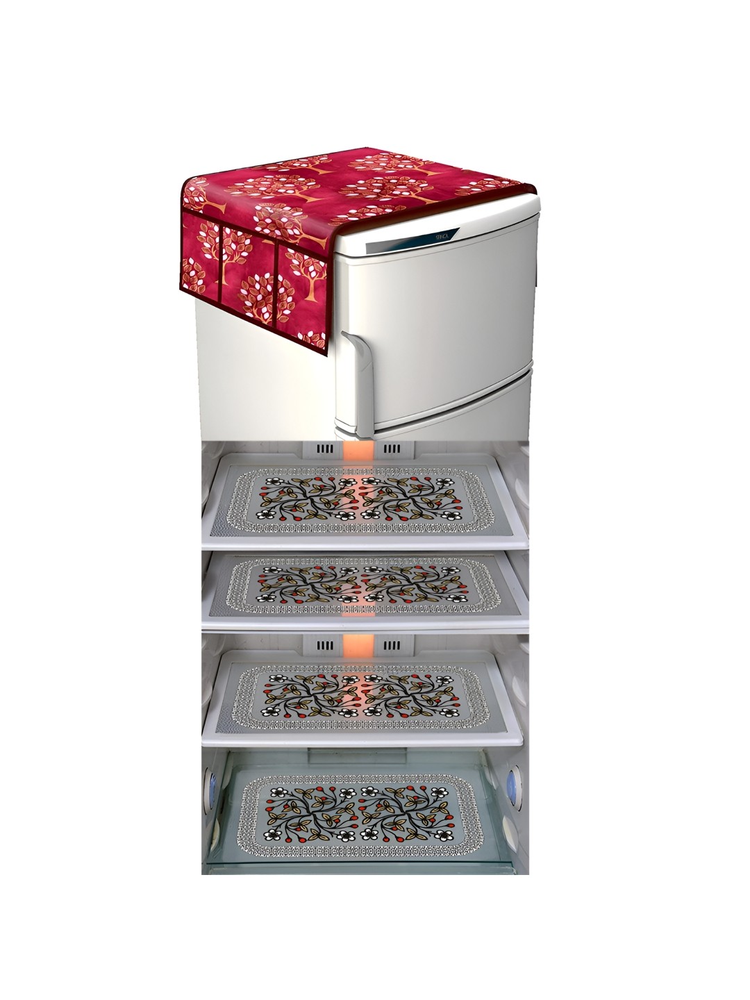 

LooMantha Maroon & White 5 Pieces Floral Printed Fridge Mats & Top Cover
