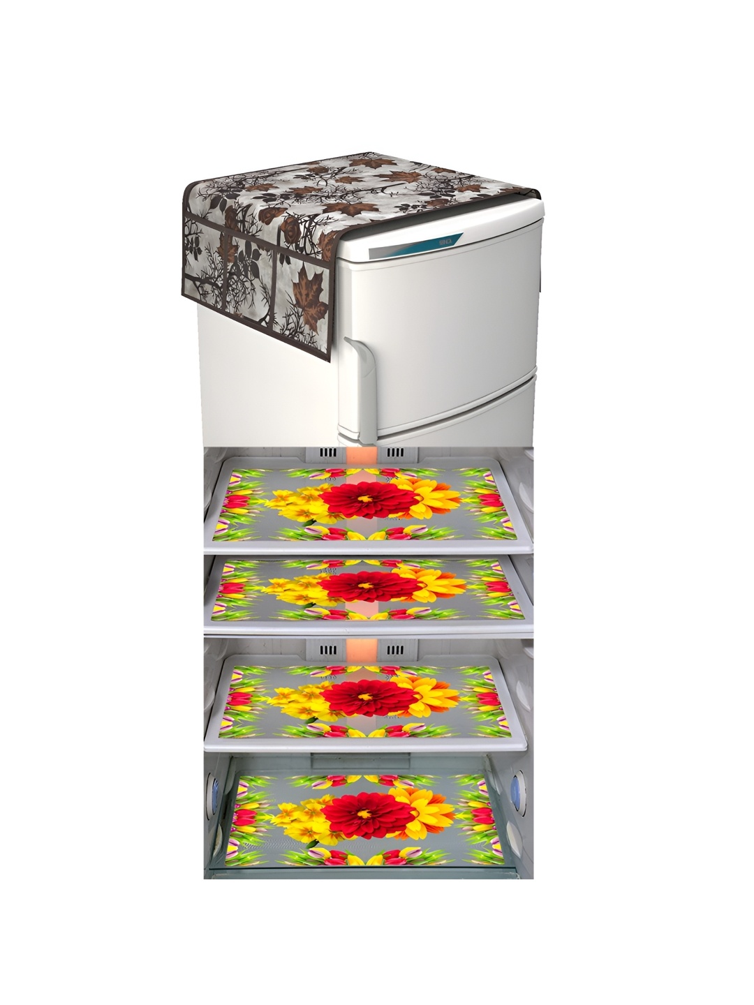 

LooMantha Brown & Green 5 Pieces Floral Printed Fridge Mats & Top Cover