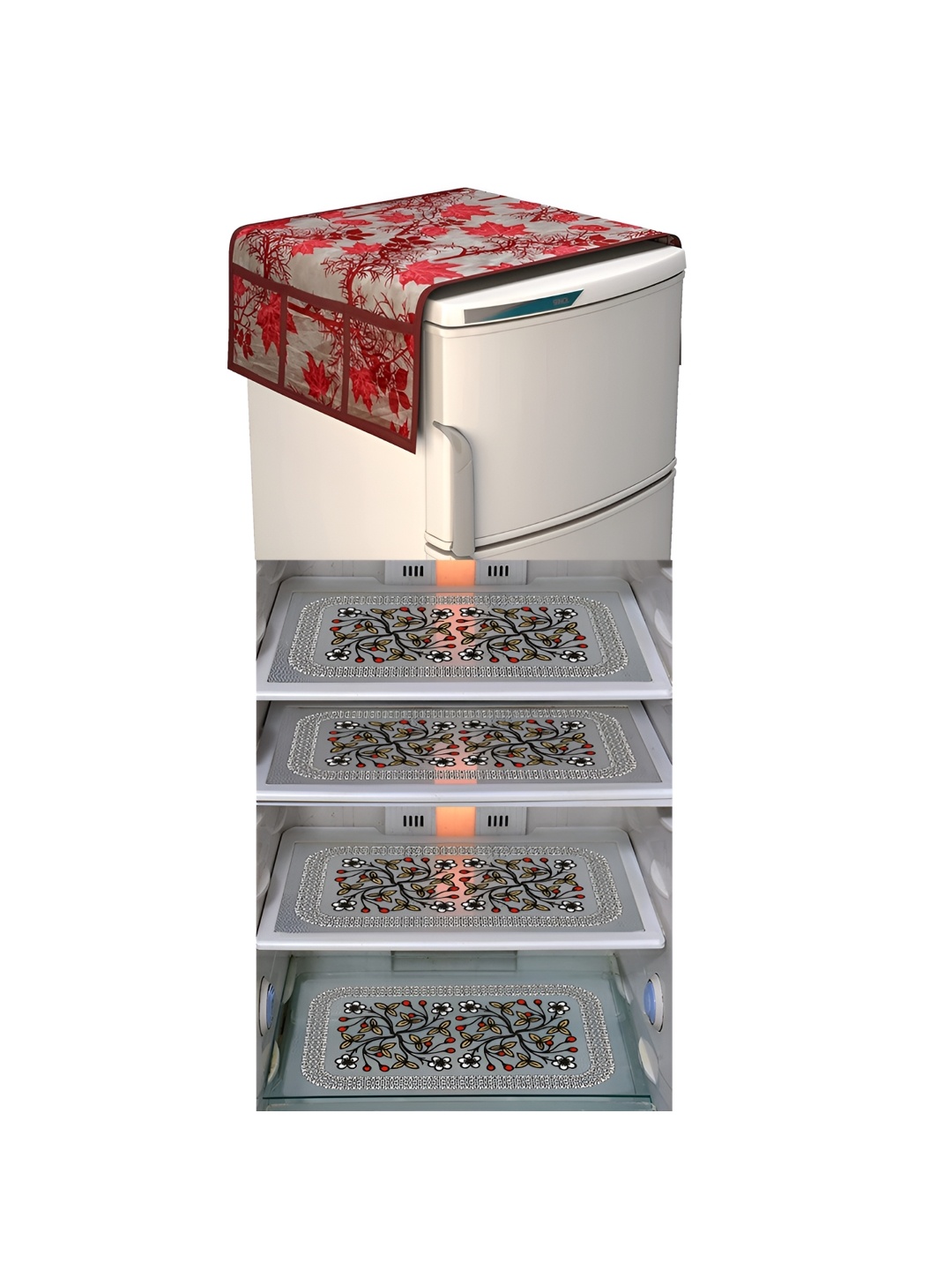 

LooMantha Grey & Red 5 Pieces Floral Printed Fridge Mat & Top Covers