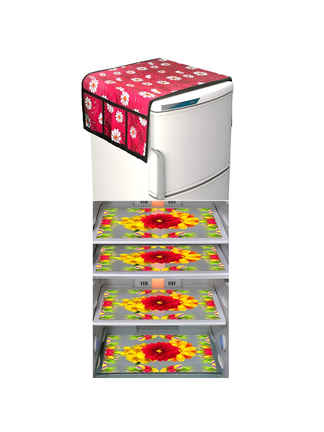 

LooMantha Red & White 5 Pieces Floral Printed Fridge Mat & Top Covers, Pink