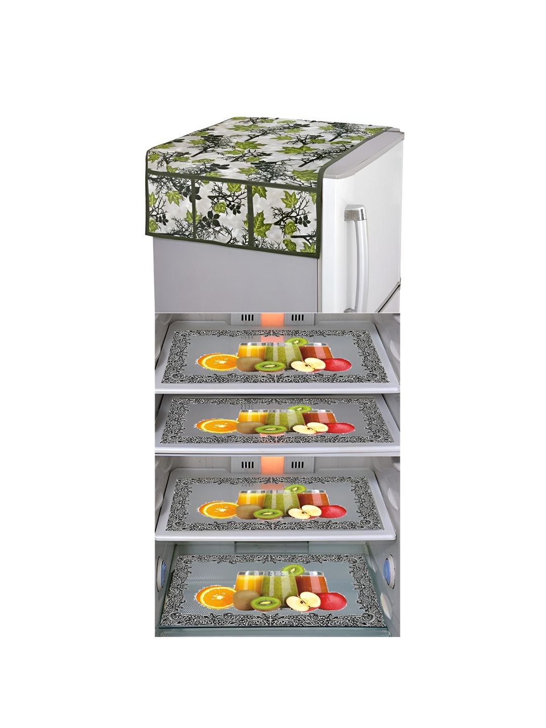 

LooMantha White & Green 5 Pieces Floral Printed Fridge Mat & Fridge Top Covers