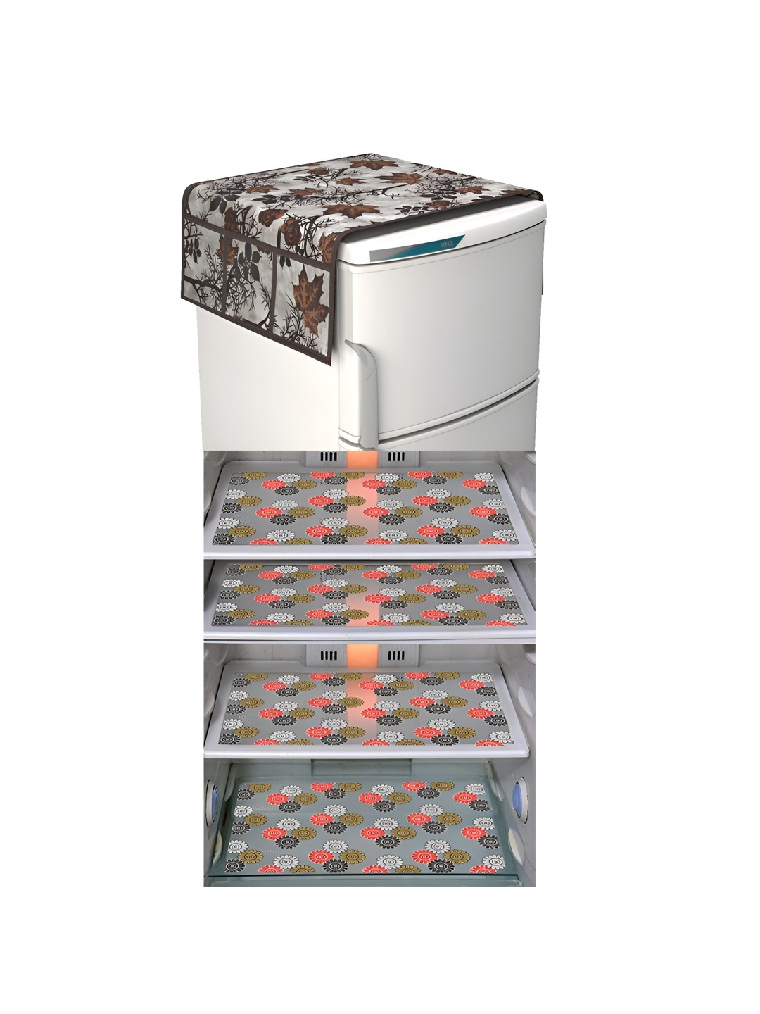 

LooMantha Grey & Brown 5 Pieces Floral Printed Fridge Mat & Top Cover