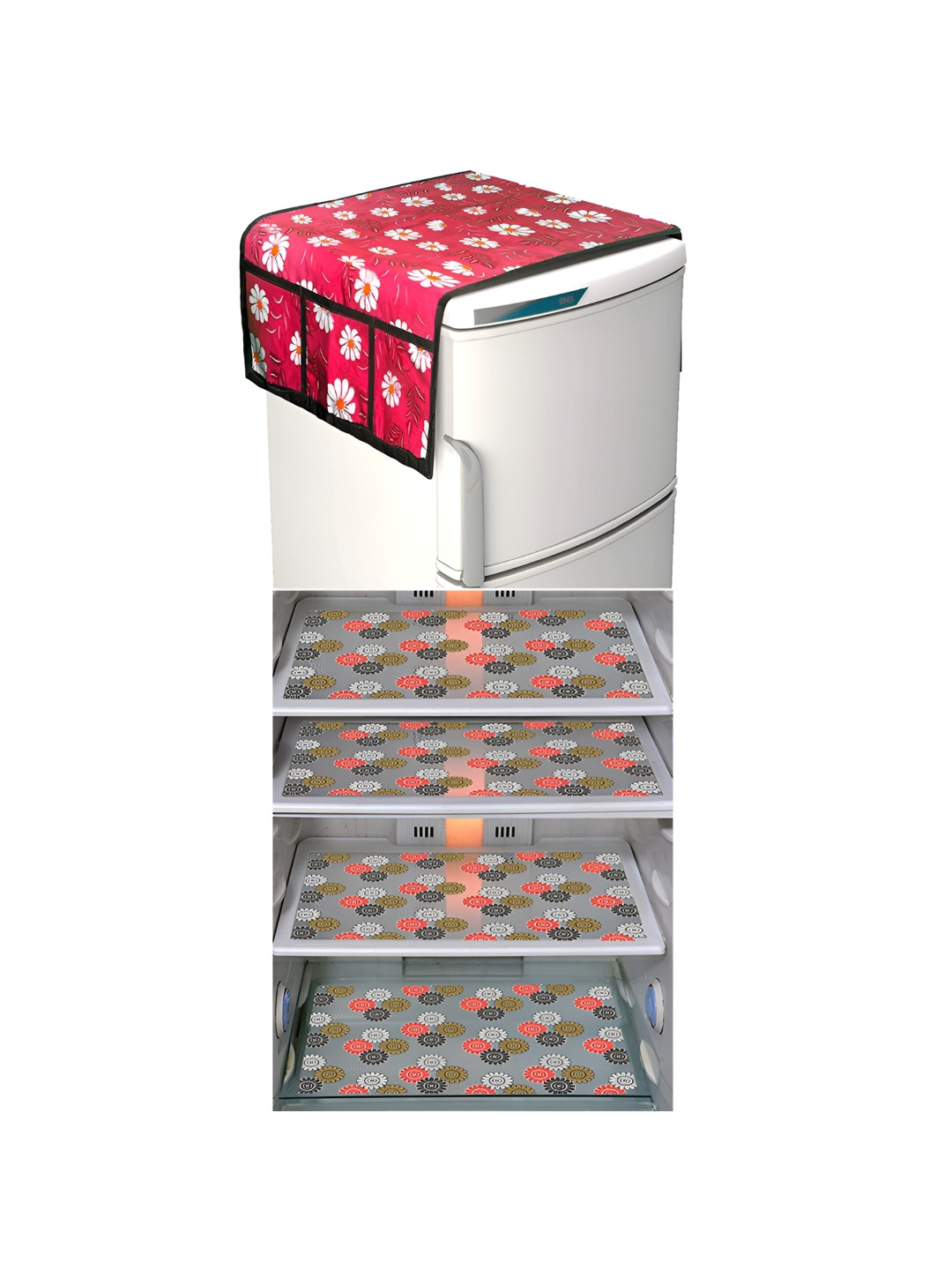 

LooMantha Purple & Beige 5 Pieces Floral Printed Fridge Mat & Top Covers