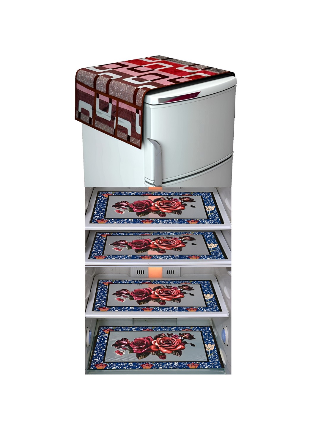 

LooMantha Maroon & Blue 5 Pieces Floral Printed Fridge Mat & Top Covers