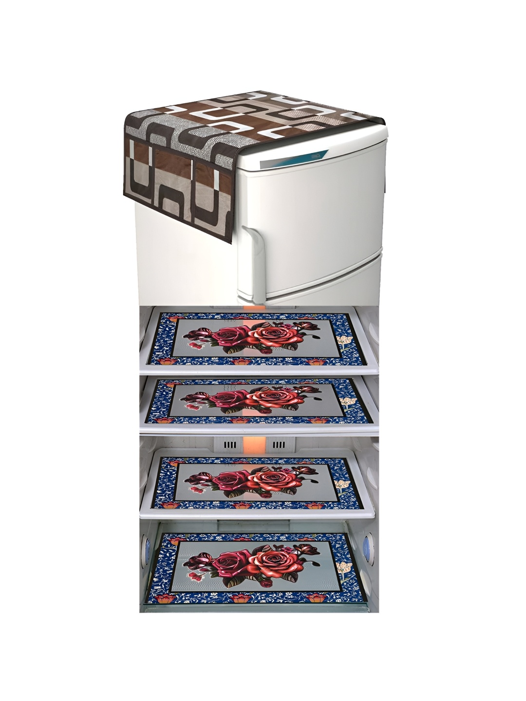 

LooMantha Brown & Blue 5 Pieces Printed Fridge Cover With Side Storage & Fridge Mats