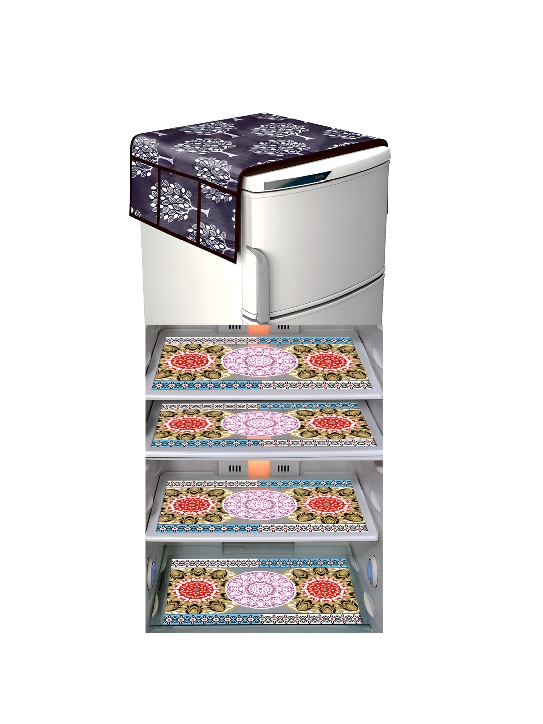 

LooMantha Grey & Pink 5 Pieces Printed Fridge Cover With Side Storage & Fridge Mats