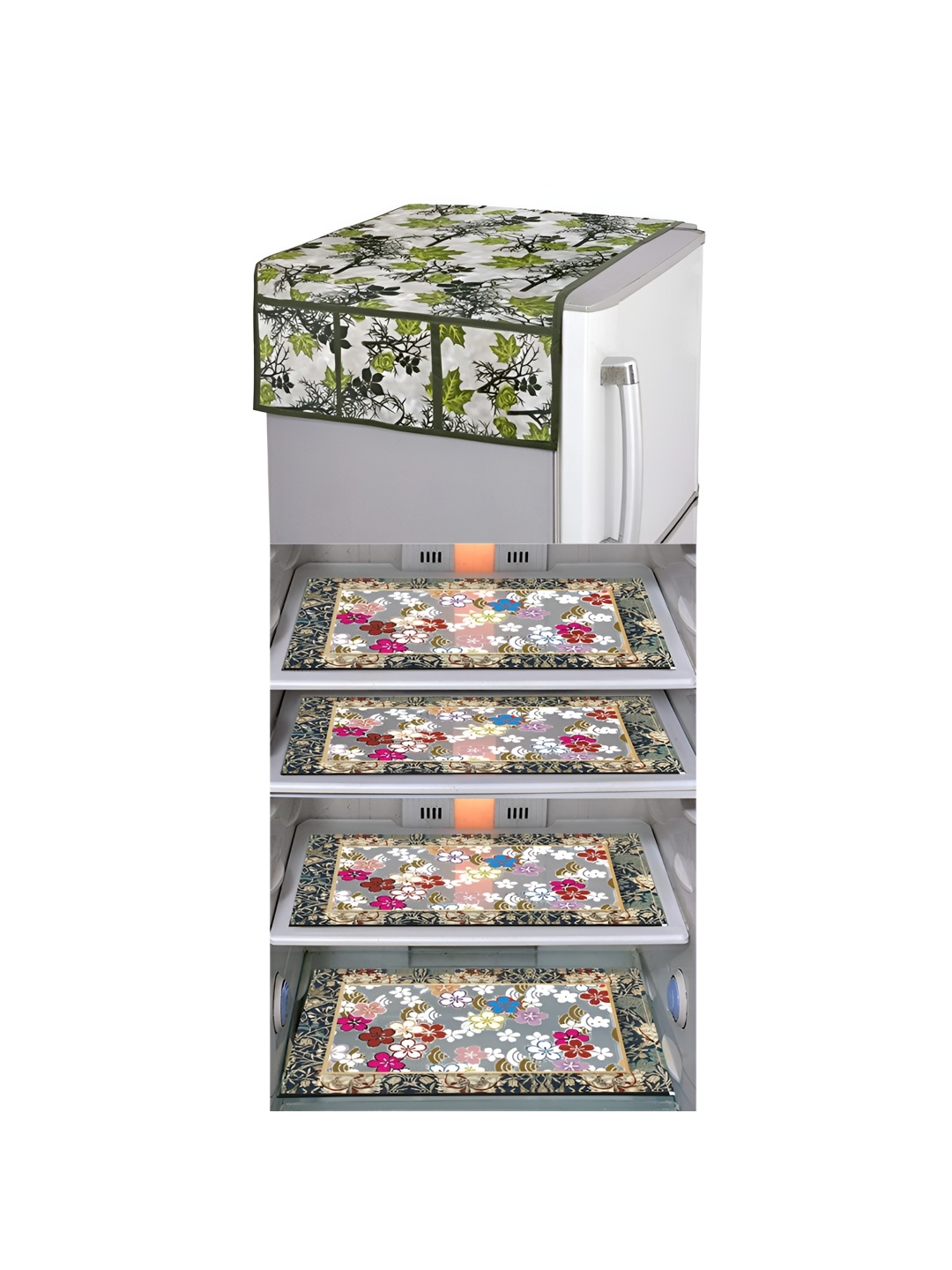 

LooMantha White & Green 5 Pieces Floral Printed Fridge Mat & Top Covers