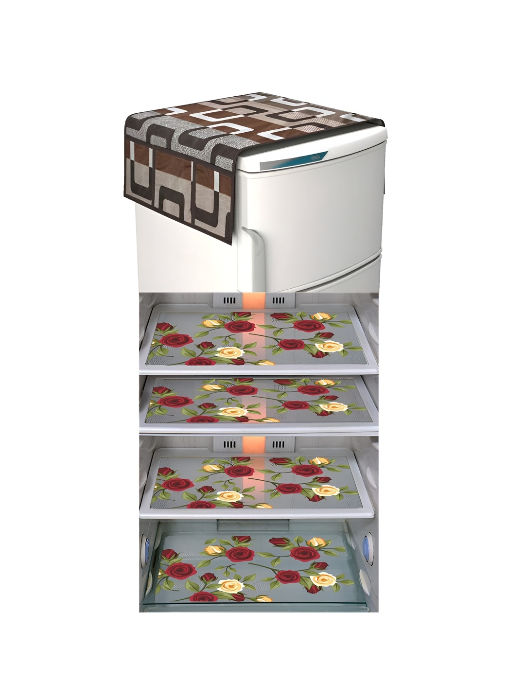 

LooMantha Yellow & Red 5 Pieces Floral Printed Fridge Mat & Top Covers